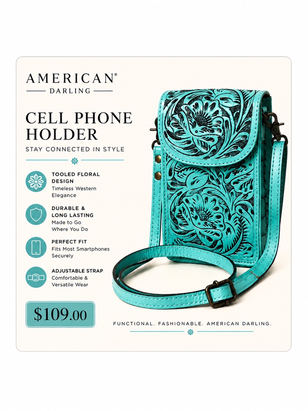 American Darling Turquoise Floral Tooled Cell Phone Crossbody